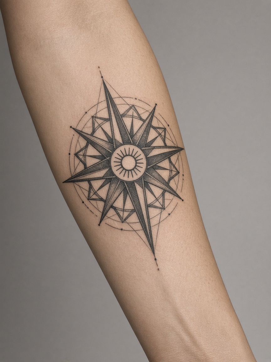 Compass tattoo on a forearm