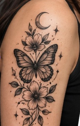 Enhanced butterfly and floral tattoo on the same arm