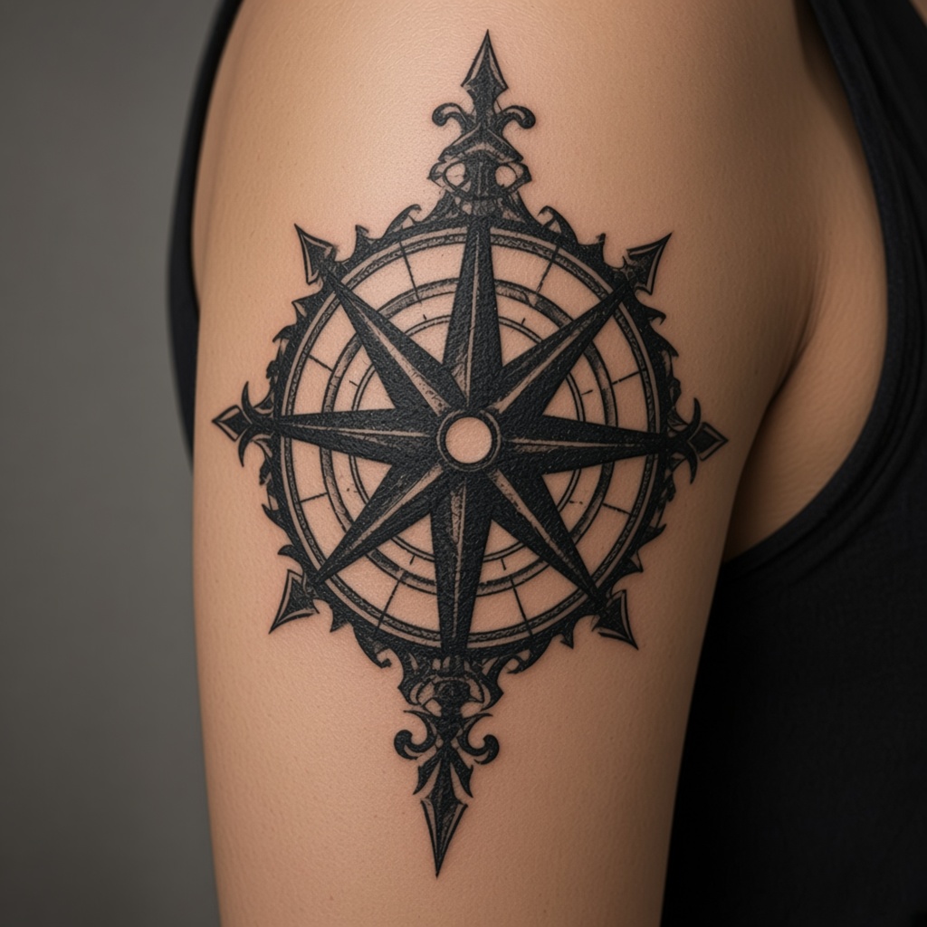 Filled blackwork compass covering more of the arm