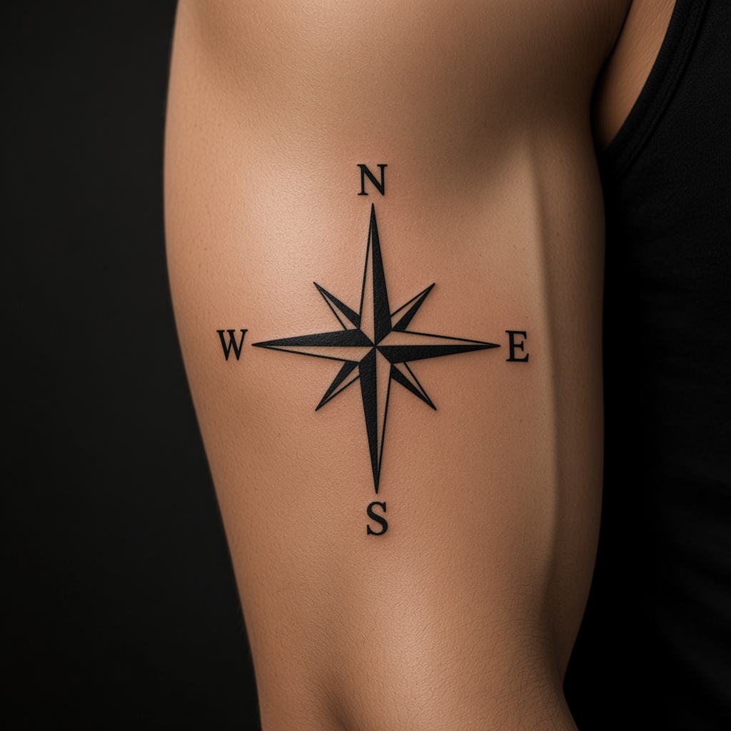 Simple compass tattoo on an upper arm