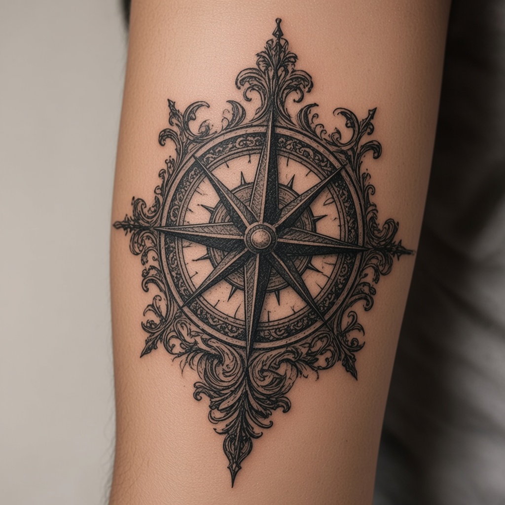 Ornate compass rose covering more of the forearm
