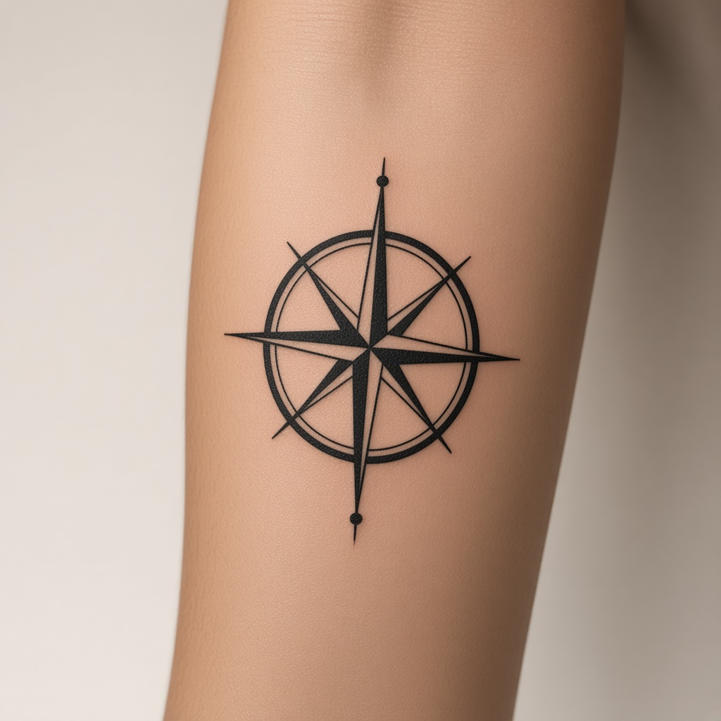 Simple compass tattoo on an inner forearm