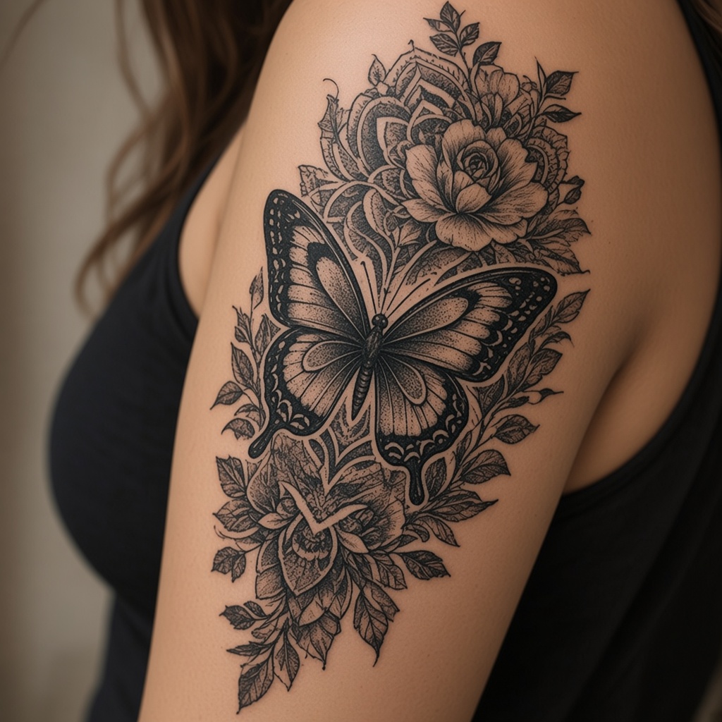 Extended butterfly with floral blackwork