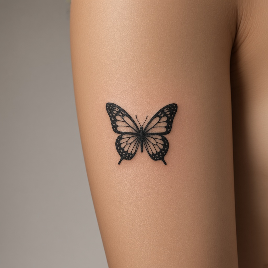 Simple butterfly tattoo on an upper arm