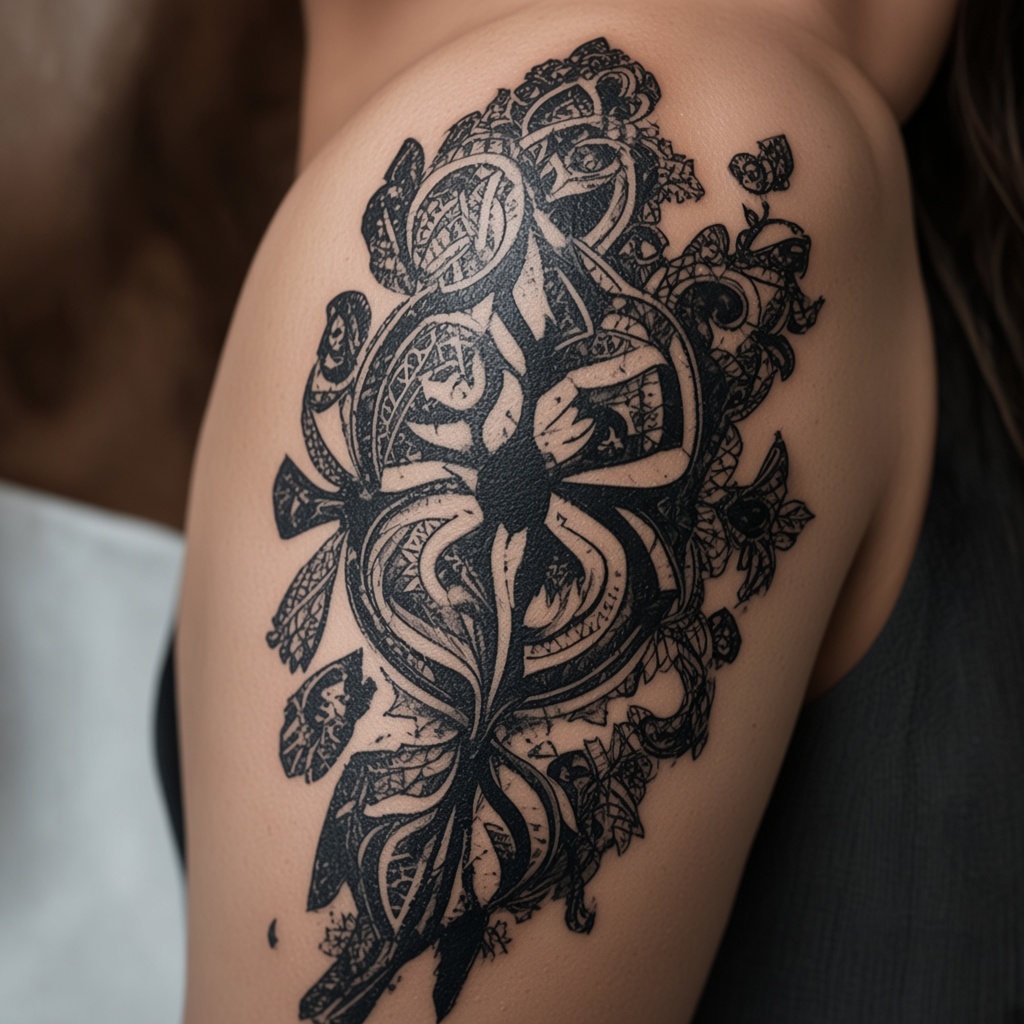 Dense ornamental blackwork covering the shoulder