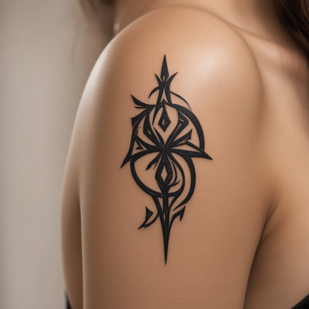 Small geometric ornamental tattoo on a shoulder
