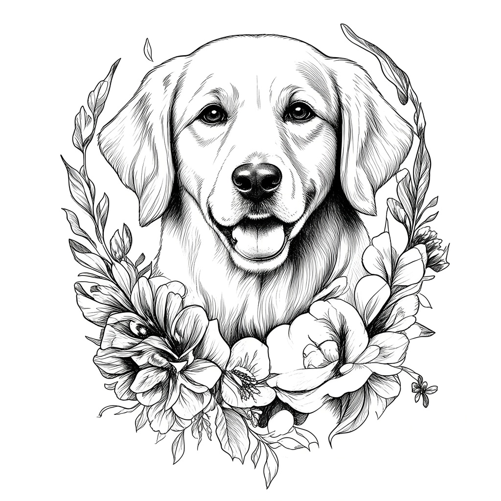 Golden retriever tattoo linework with flowers