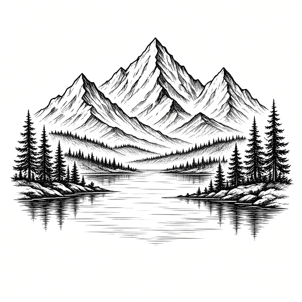 Mountain landscape tattoo linework