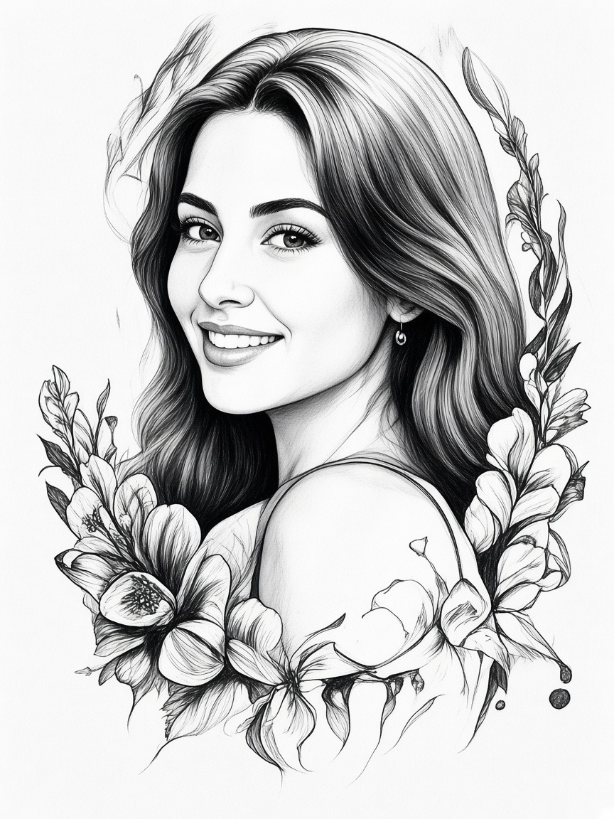 Tattoo linework of the same portrait with flowers