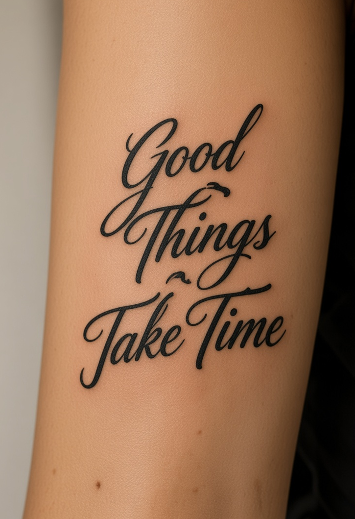 Good Things Take Time script tattoo on a forearm
