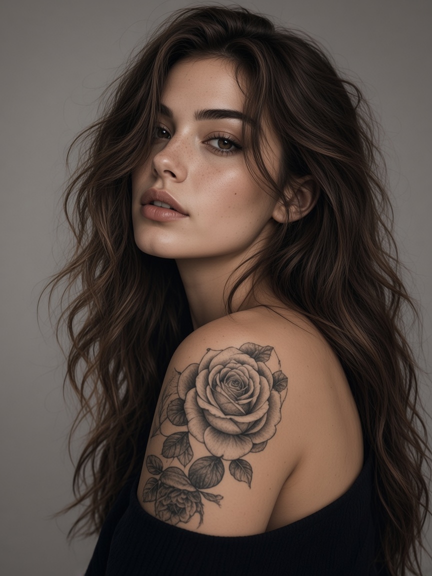 Original photo of a woman with a rose tattoo
