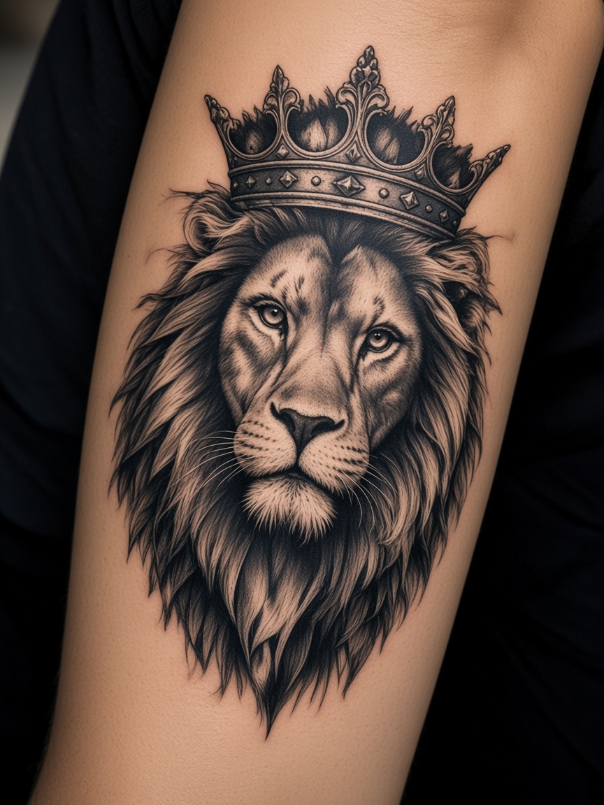 Crowned lion tattoo on an inner forearm