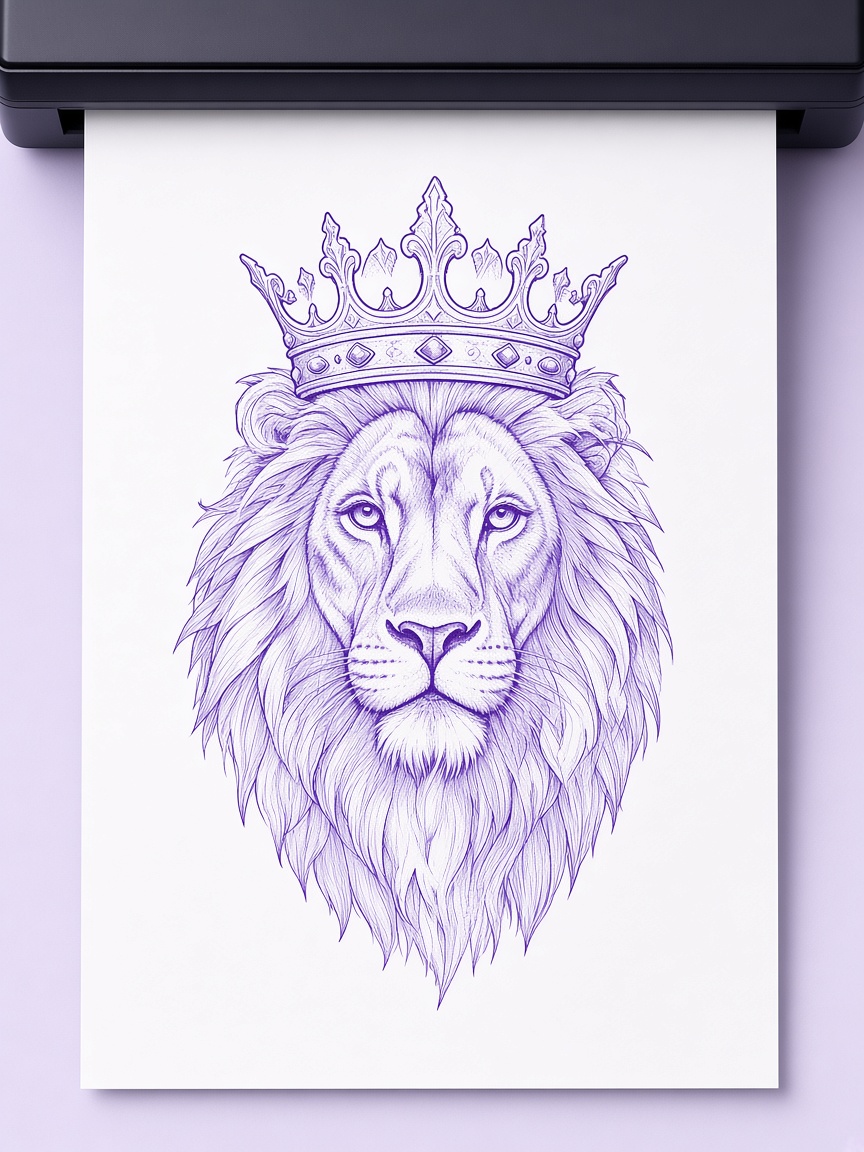 Thermal printer outputting a purple crowned lion stencil