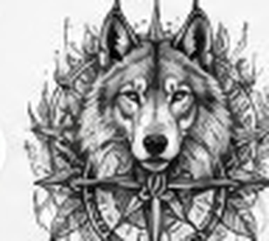 AI generated wolf tattoo with compass and mountains