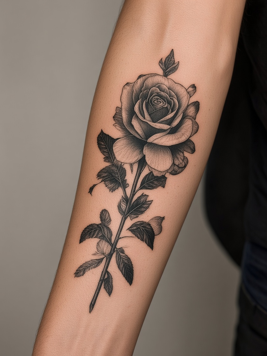 Rose tattoo on an inner forearm