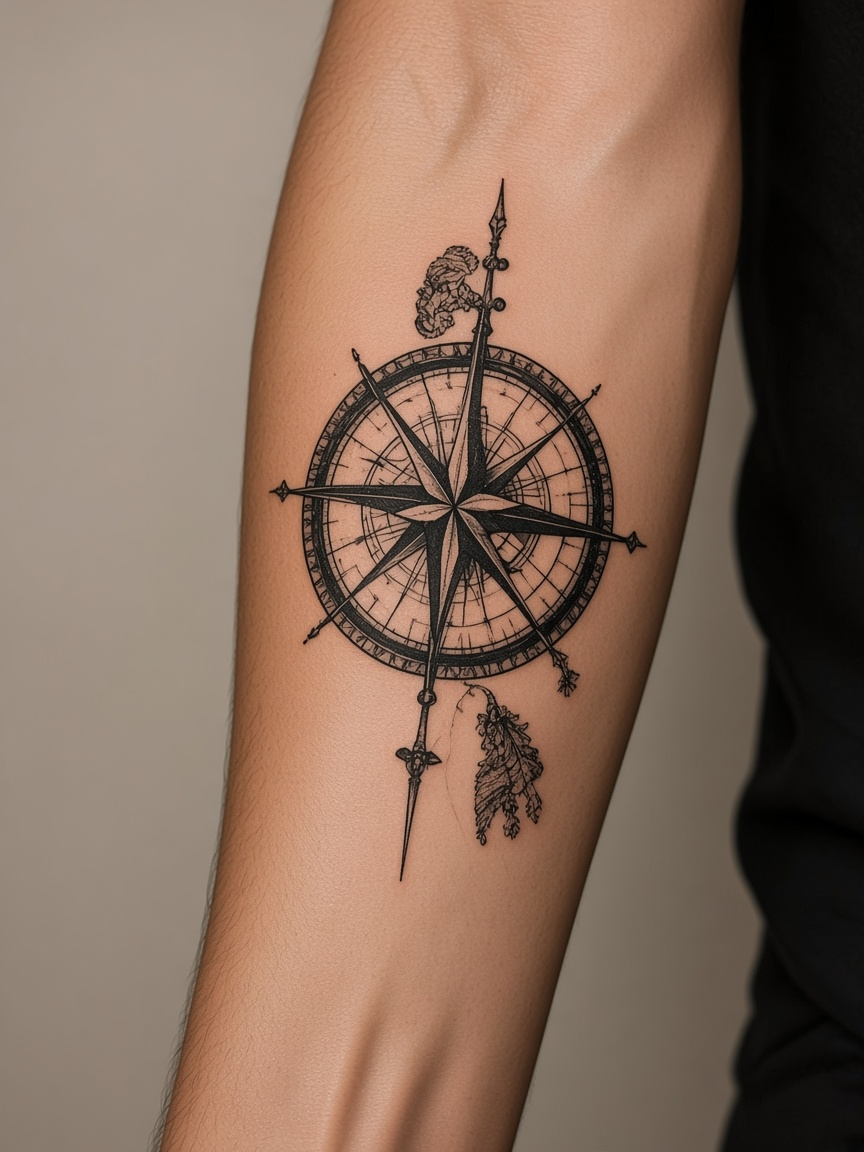 Compass tattoo on an outer forearm